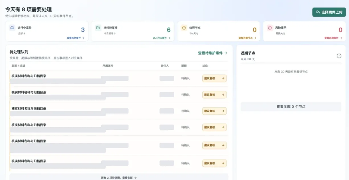 法务工作台工作概览：待处理队列与近期节点